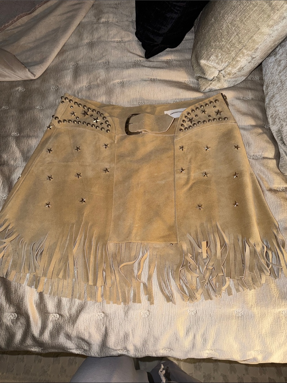 Fringed Suede Mini Skirt with Star Studs - Tan